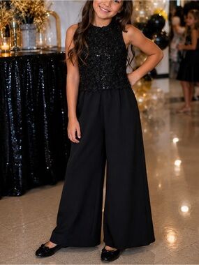 Bonnie Jean Girls Size 7 Black Sequin Floral Wide Leg Formal Jumpsuit